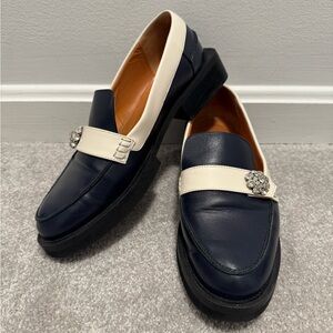 Unique Ganni Crystal Embellished Classy Elegant Navy and White Leather Loafers
